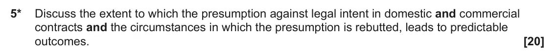 June 2025 Paper 3 (Contract), question 5: Discuss the extent to which the presumption against legal intent in domestic and commercial contracts and the circumstances in which the presumption is rebutted