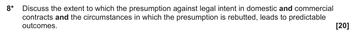 June 2025 Paper 3 (Contract), question 8: Discuss the extent to which the presumption against legal intent in domestic and commercial contracts and the circumstances in which the presumption is rebutted