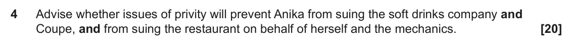 June 2025 Paper 3 (Contract), question 4: Advise whether issues of privity will prevent Anika from suing the soft drinks company and Coupe, and from suing the restaurant on behalf of herself and the mec
