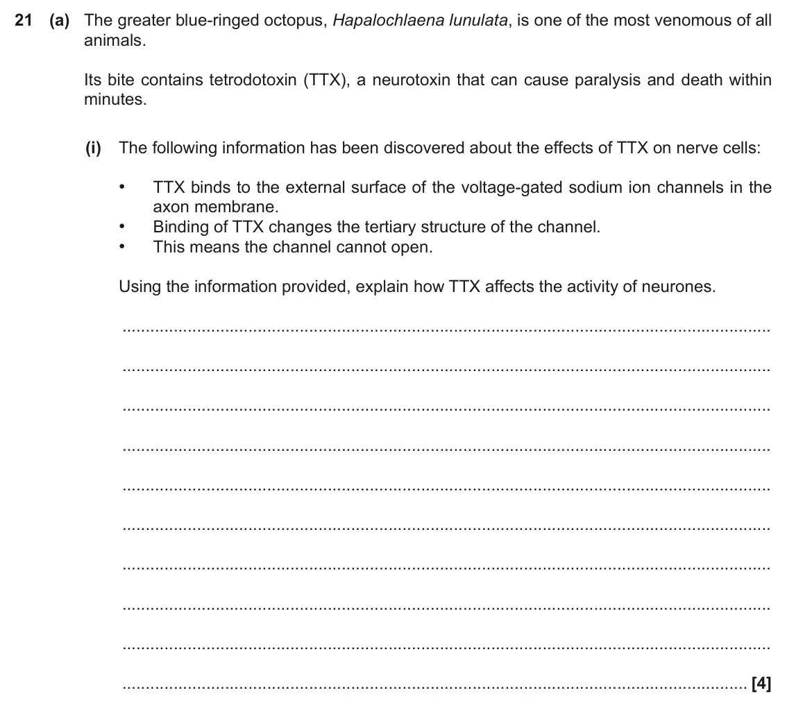 June 2018 Paper 1, question 21(a)(i): The following information has been discovered about the effects of TTX on nerve cells: • TTX binds to the external surface of the voltage-gated sodium ion chann