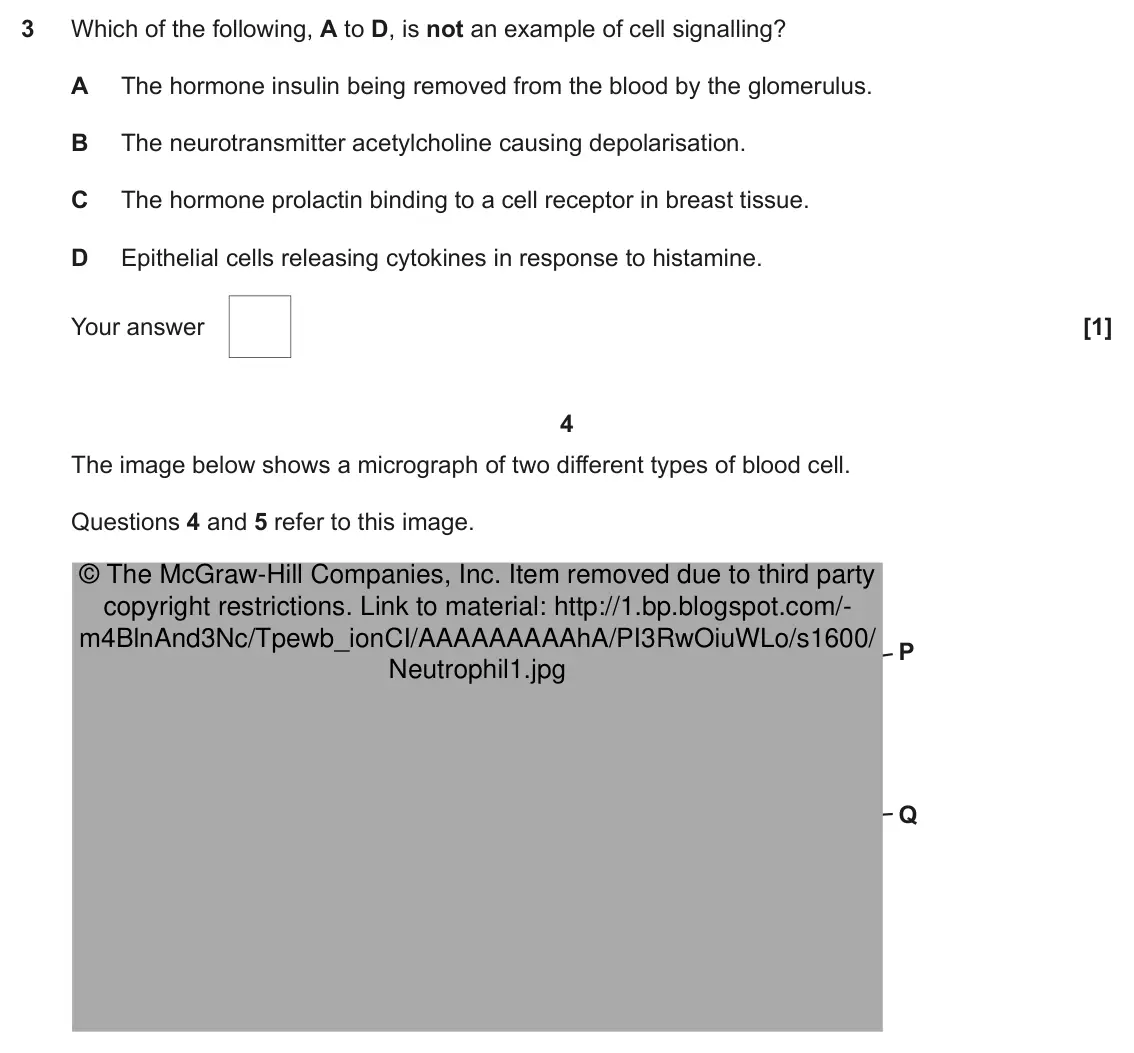 June 2019 Paper 1, question 3: Which of the following, A to D, is not an example of cell signalling? A The hormone insulin being removed from the blood by the glomerulus. B The neurotransmitt