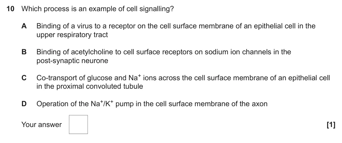 June 2022 Paper 1, question 10: Which process is an example of cell signalling? A Binding of a virus to a receptor on the cell surface membrane of an epithelial cell in the upper respiratory t