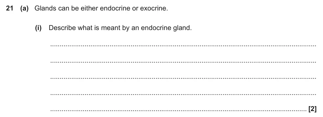 June 2022 Paper 1, question 21(a)(i): Describe what is meant by an endocrine gland. [2]