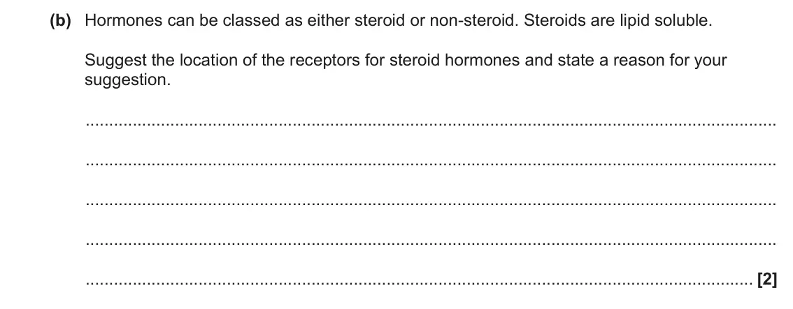 June 2022 Paper 1, question 21(b): Hormones can be classed as either steroid or non-steroid. Steroids are lipid soluble. Suggest the location of the receptors for steroid hormones and state a rea
