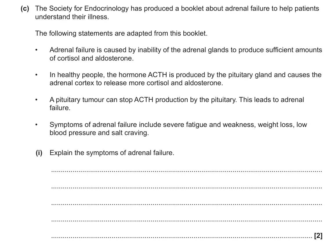 June 2022 Paper 1, question 21(c)(i): Explain the symptoms of adrenal failure. [2]