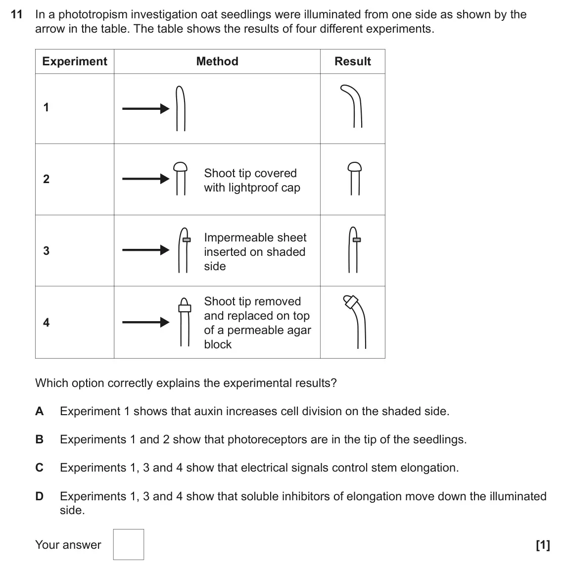 June 2023 Paper 1, question 11: In a phototropism investigation oat seedlings were illuminated from one side as shown by the arrow in the table. The table shows the results of four different e