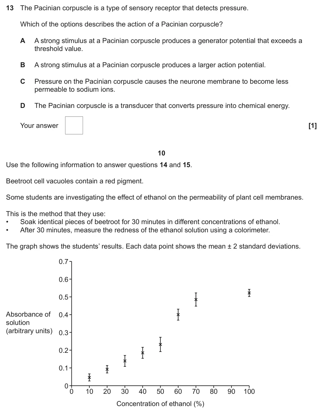 June 2023 Paper 1, question 13: The Pacinian corpuscle is a type of sensory receptor that detects pressure. Which of the options describes the action of a Pacinian corpuscle? A A strong stimul