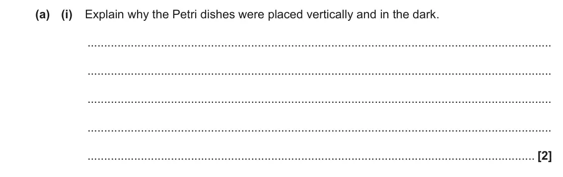 June 2023 Paper 1, question 17(a)(i): Explain why the Petri dishes were placed vertically and in the dark. [2]