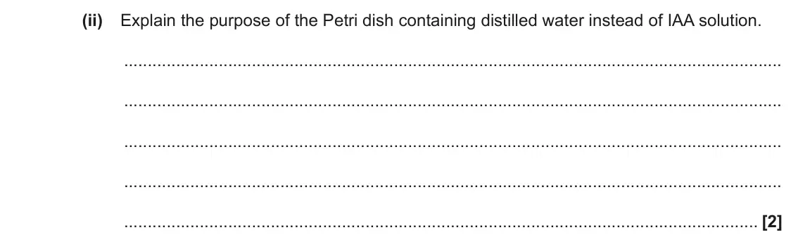 June 2023 Paper 1, question 17(a)(ii): Explain the purpose of the Petri dish containing distilled water instead of IAA solution. [2]