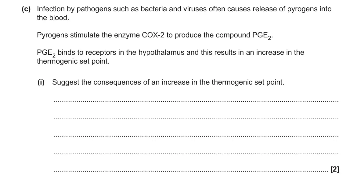 June 2023 Paper 1, question 20(c)(i): Suggest the consequences of an increase in the thermogenic set point. [2]