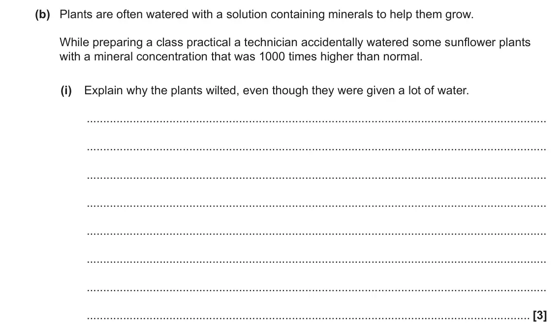 June 2023 Paper 1, question 21(b)(i): Explain why the plants wilted, even though they were given a lot of water. [3]