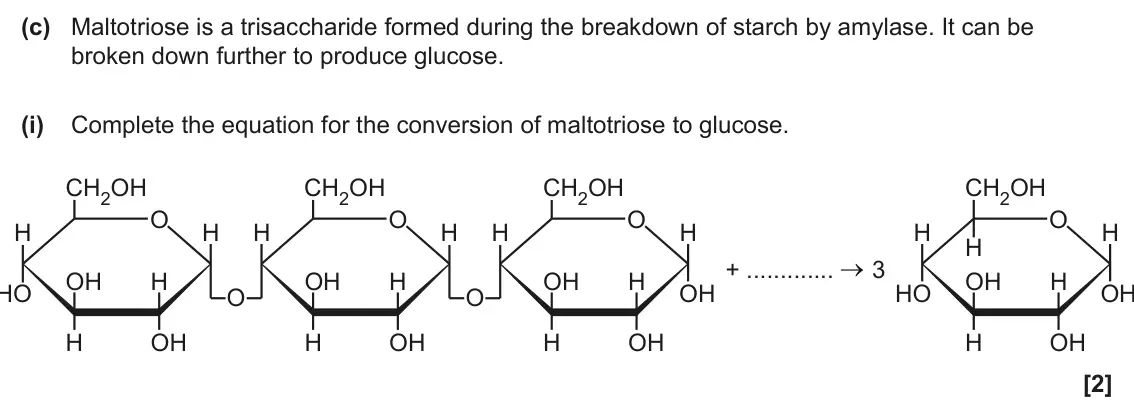 June 2024 Paper 1, question 16(c)(i): Complete the equation for the conversion of maltotriose to glucose. CH2OH CH2OH CH2OH CH2OH O O O O H H H H H H H H H + 3 OH H OH H OH H OH H HO OH HO OH O O H