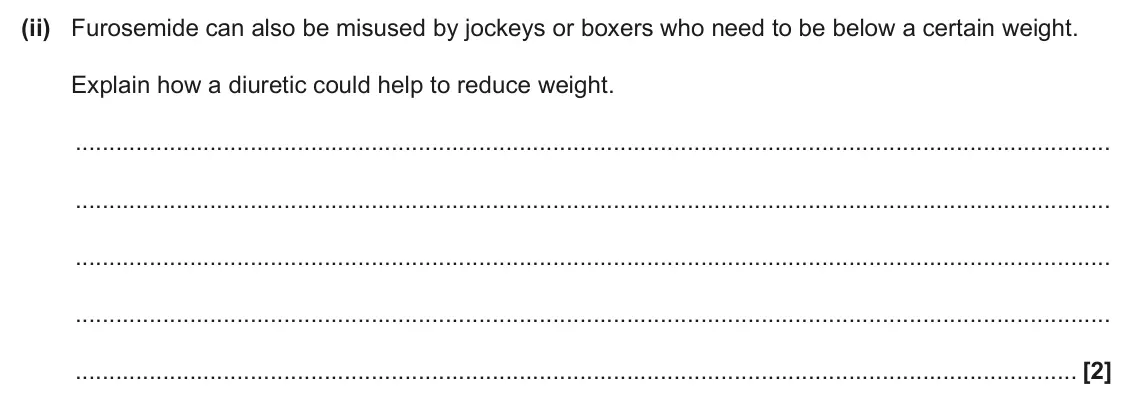 June 2024 Paper 1, question 18(a)(ii): Furosemide can also be misused by jockeys or boxers who need to be below a certain weight. Explain how a diuretic could help to reduce weight. [2]