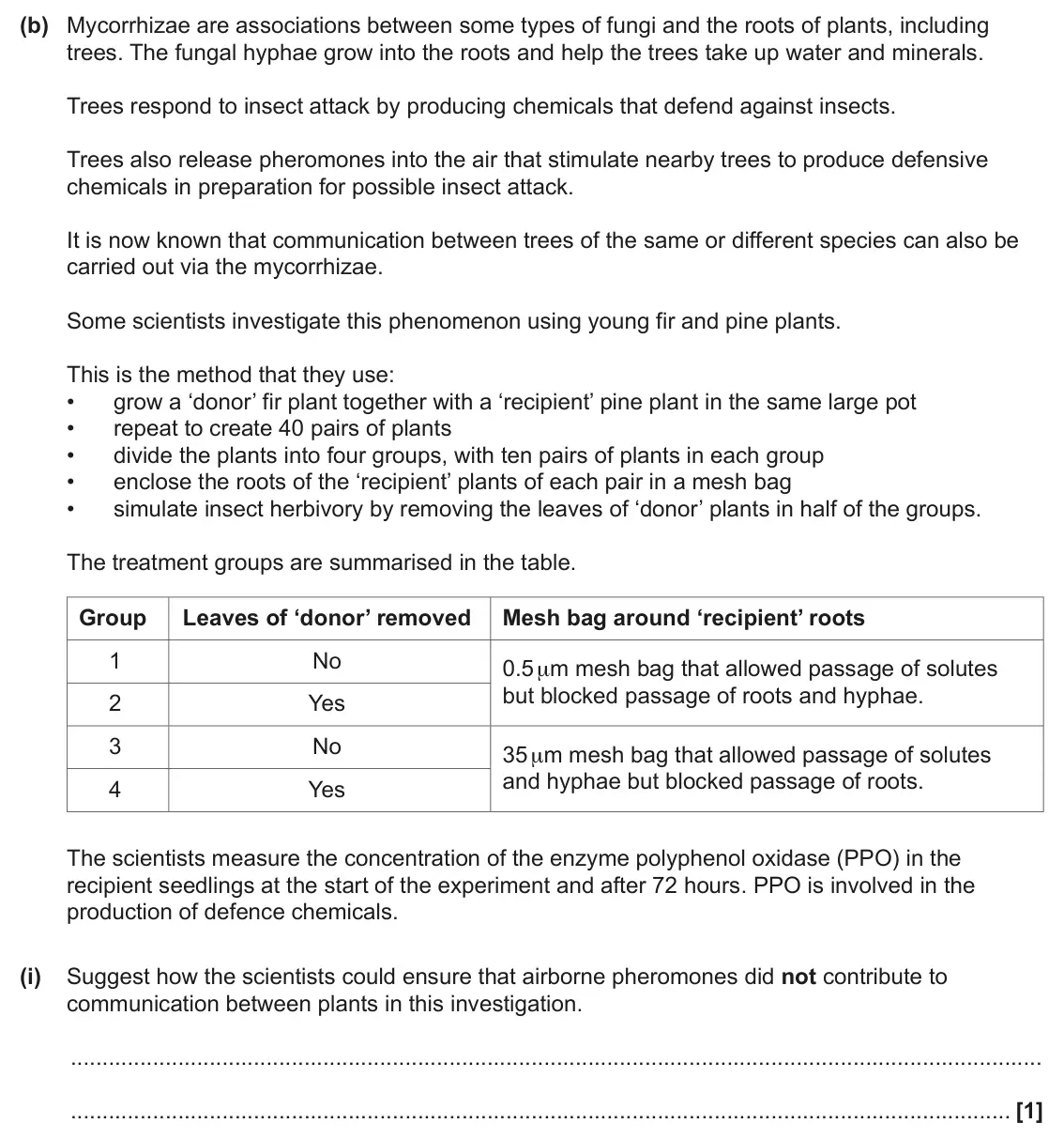June 2024 Paper 1, question 19(b)(i): Mycorrhizae are associations between some types of fungi and the roots of plants, including trees. The fungal hyphae grow into the roots and help the trees take