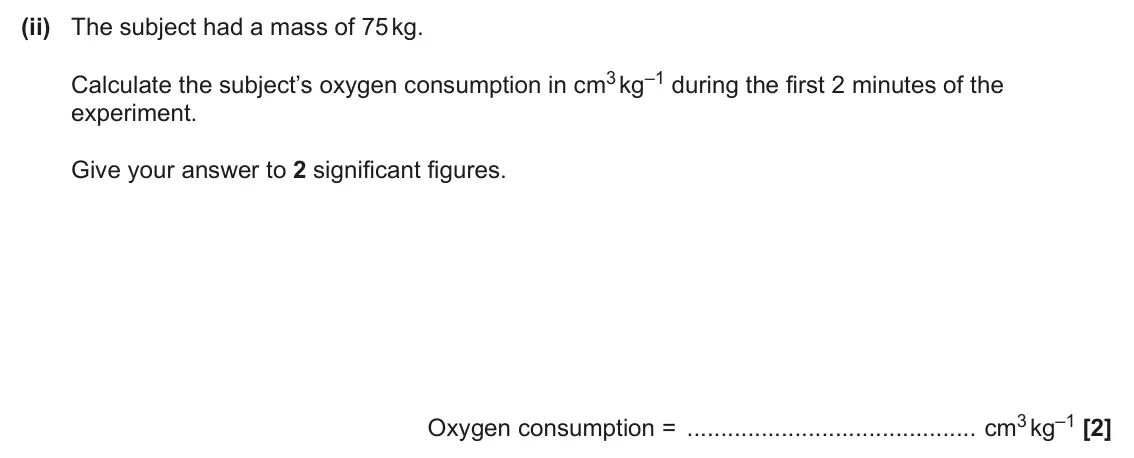June 2024 Paper 1, question 20(a)(ii): The subject had a mass of 75 kg. Calculate the subject’s oxygen consumption in cm3 kg–1 during the first 2 minutes of the experiment. Give your answer to 2 sign