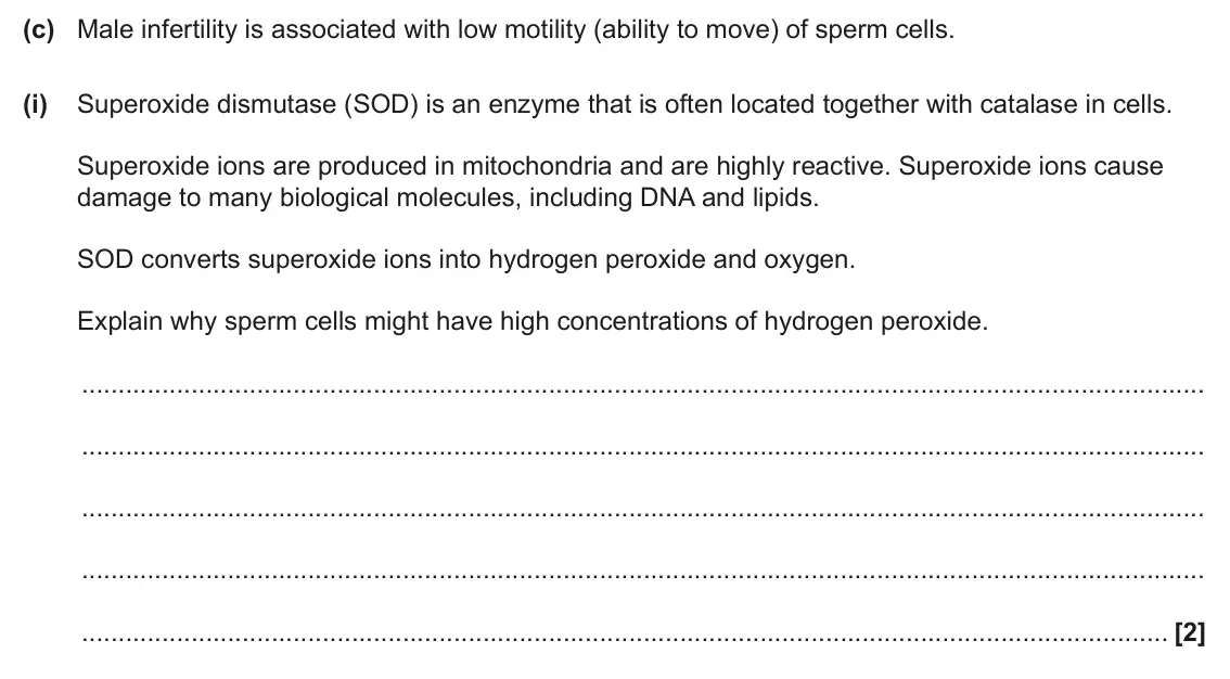 June 2024 Paper 1, question 21(c)(i): Superoxide dismutase (SOD) is an enzyme that is often located together with catalase in cells. Superoxide ions are produced in mitochondria and are highly react