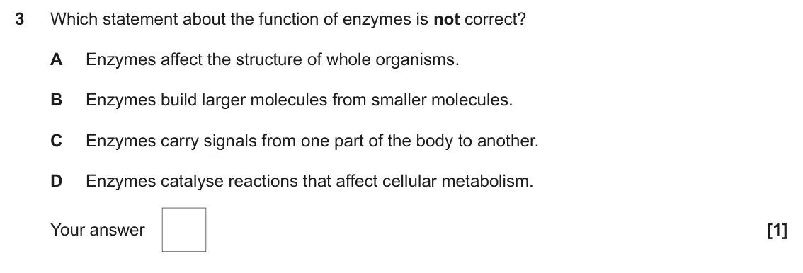 June 2025 Paper 1, question 3: Which statement about the function of enzymes is not correct? A Enzymes affect the structure of whole organisms. B Enzymes build larger molecules from smaller m