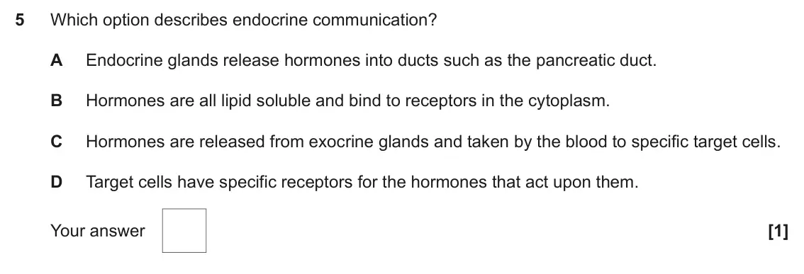 June 2025 Paper 1, question 5: Which option describes endocrine communication? A Endocrine glands release hormones into ducts such as the pancreatic duct. B Hormones are all lipid soluble and