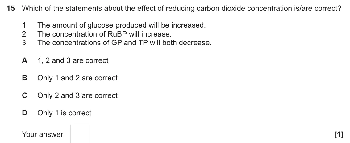 June 2025 Paper 1, question 15: Which of the statements about the effect of reducing carbon dioxide concentration is/are correct? 1 The amount of glucose produced will be increased. 2 The conc