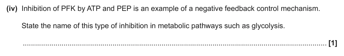 June 2025 Paper 1, question 17(a)(iv): Inhibition of PFK by ATP and PEP is an example of a negative feedback control mechanism. State the name of this type of inhibition in metabolic pathways such as