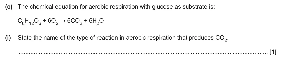 June 2025 Paper 1, question 17(c)(i): State the name of the type of reaction in aerobic respiration that produces CO2. [1]