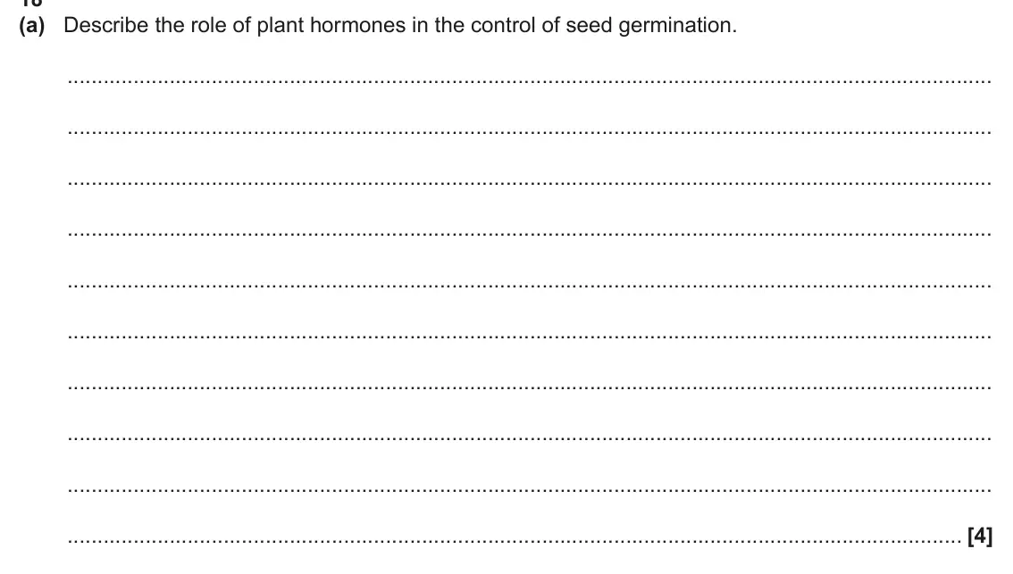June 2025 Paper 1, question 18(a): Describe the role of plant hormones in the control of seed germination. [4]