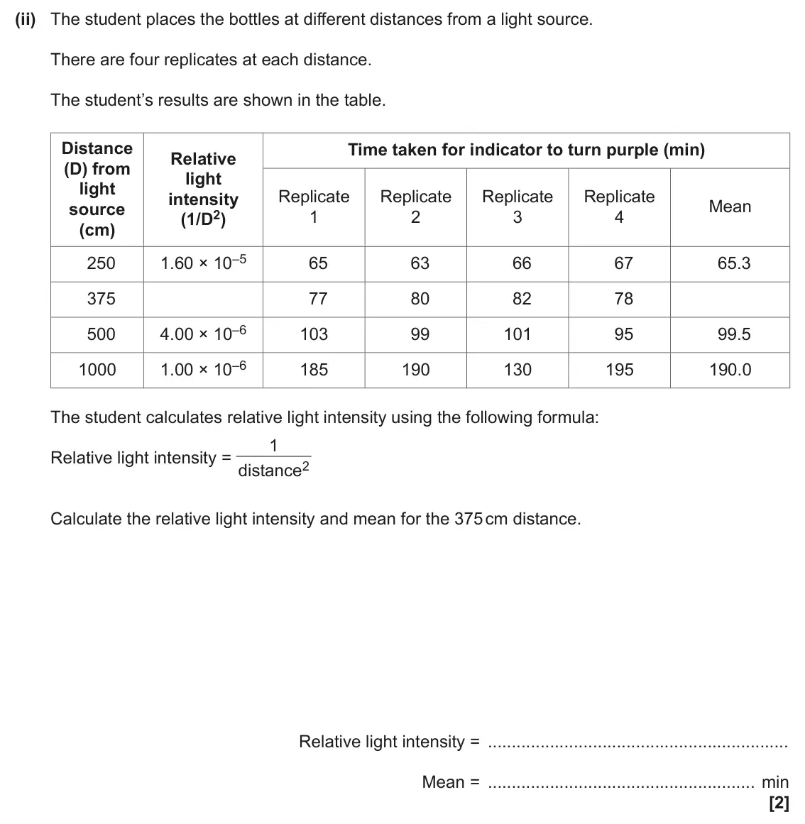 June 2025 Paper 1, question 19(a)(ii): The student places the bottles at different distances from a light source. There are four replicates at each distance. The student’s results are shown in the ta