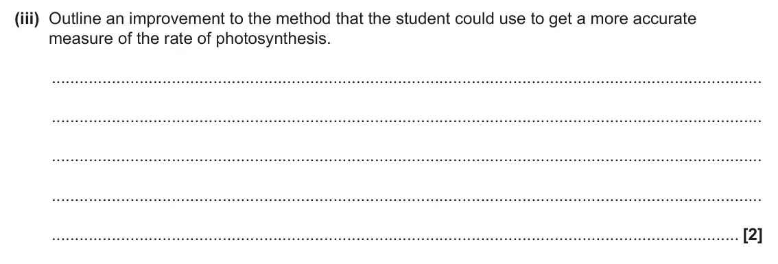 June 2025 Paper 1, question 19(a)(iii): Outline an improvement to the method that the student could use to get a more accurate measure of the rate of photosynthesis. [2]