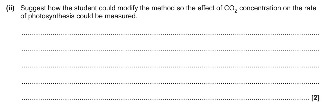 June 2025 Paper 1, question 19(b)(ii): Suggest how the student could modify the method so the effect of CO2 concentration on the rate of photosynthesis could be measured. [2]