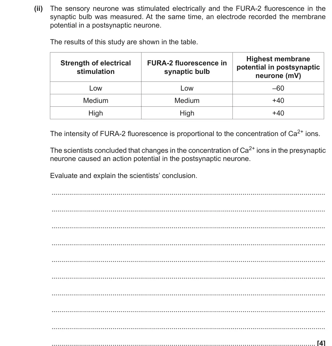 November 2020 Paper 1, question 18(b)(ii): The sensory neurone was stimulated electrically and the FURA-2 fluorescence in the synaptic bulb was measured. At the same time, an electrode recorded the membr