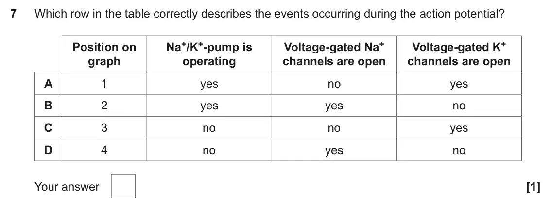 November 2021 Paper 1, question 7: Which row in the table correctly describes the events occurring during the action potential? Na+/K+-pump is Voltage-gated Na+ Voltage-gated K+ Position on graph
