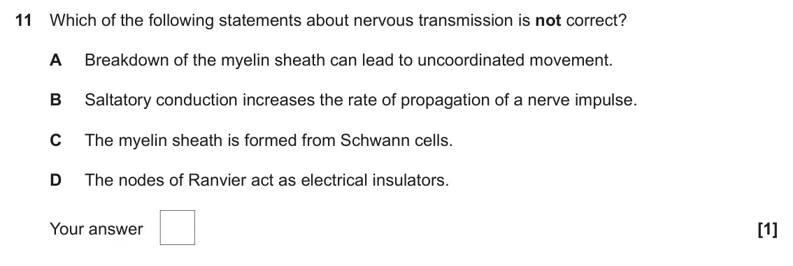 November 2021 Paper 1, question 11: Which of the following statements about nervous transmission is not correct? A Breakdown of the myelin sheath can lead to uncoordinated movement. B Saltatory co