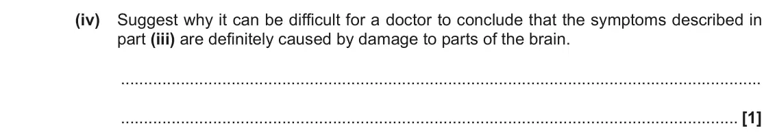 November 2021 Paper 1, question 16(b)(iv): Suggest why it can be difficult for a doctor to conclude that the symptoms described in part (iii) are definitely caused by damage to parts of the brain. [1]