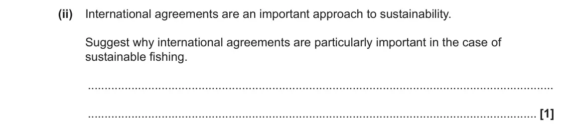 June 2022 Paper 2, question 19(b)(ii): International agreements are an important approach to sustainability. Suggest why international agreements are particularly important in the case of sustainable