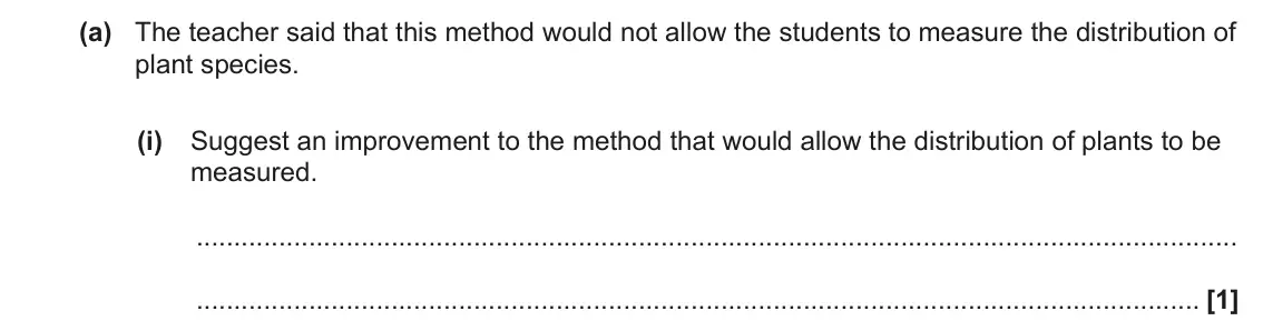 June 2022 Paper 2, question 20(a)(i): Suggest an improvement to the method that would allow the distribution of plants to be measured. [1]