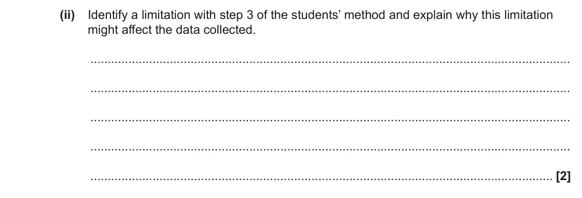 June 2022 Paper 2, question 20(a)(ii): Identify a limitation with step 3 of the students’ method and explain why this limitation might affect the data collected. [2]