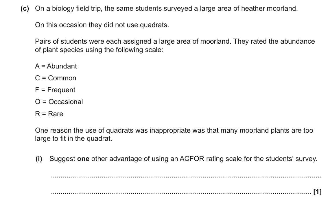 June 2022 Paper 2, question 20(c)(i): Suggest one other advantage of using an ACFOR rating scale for the students’ survey. [1]