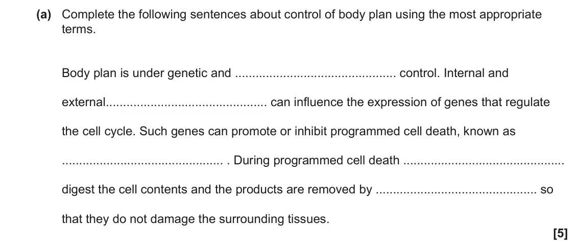 June 2022 Paper 2, question 22(a): Complete the following sentences about control of body plan using the most appropriate terms. Body plan is under genetic and control. Internal and external can