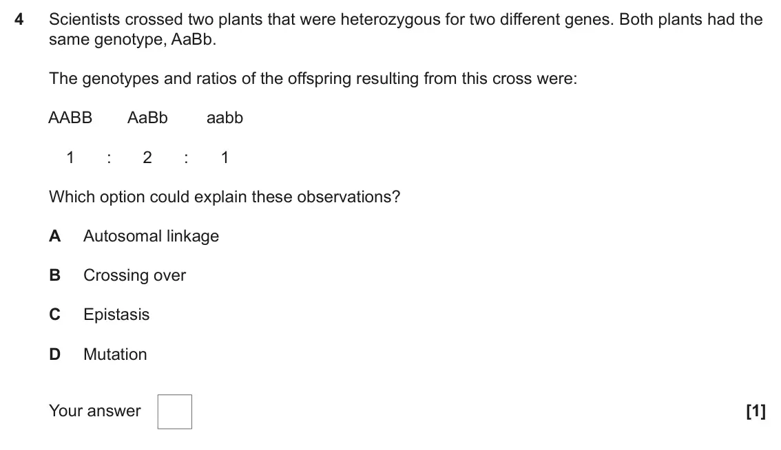 June 2023 Paper 2, question 4: Scientists crossed two plants that were heterozygous for two different genes. Both plants had the same genotype, AaBb. The genotypes and ratios of the offspring