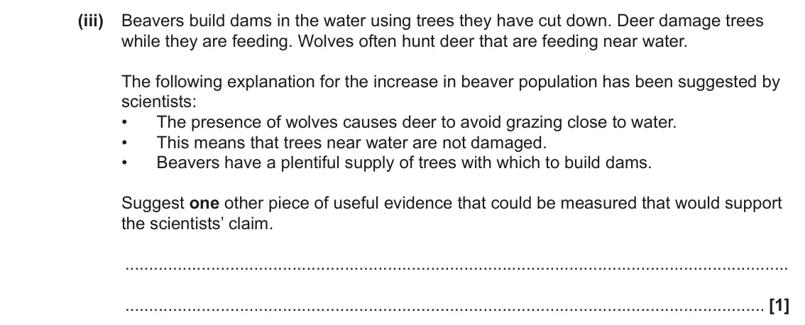 June 2023 Paper 2, question 20(c)(iii): Beavers build dams in the water using trees they have cut down. Deer damage trees while they are feeding. Wolves often hunt deer that are feeding near water. Th