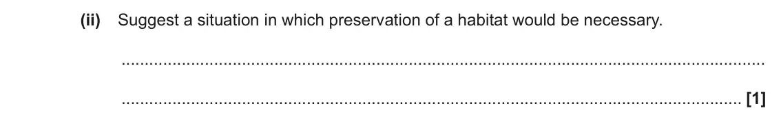 June 2023 Paper 2, question 20(d)(ii): Suggest a situation in which preservation of a habitat would be necessary. [1]
