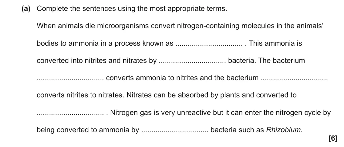 June 2023 Paper 2, question 21(a): Complete the sentences using the most appropriate terms. When animals die microorganisms convert nitrogen-containing molecules in the animals’ bodies to ammonia