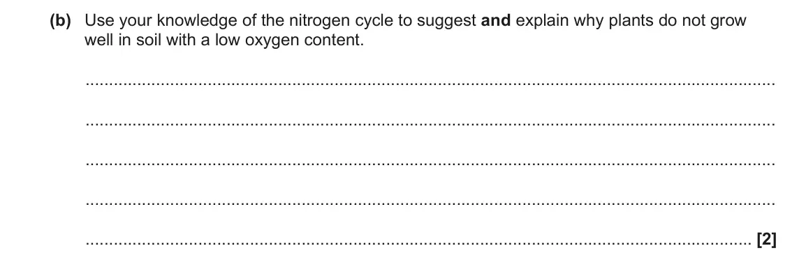 June 2023 Paper 2, question 21(b): Use your knowledge of the nitrogen cycle to suggest and explain why plants do not grow well in soil with a low oxygen content. [2]