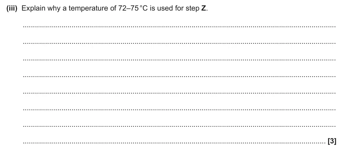 June 2024 Paper 2, question 16(b)(iii): Explain why a temperature of 72–75 °C is used for step Z. [3]