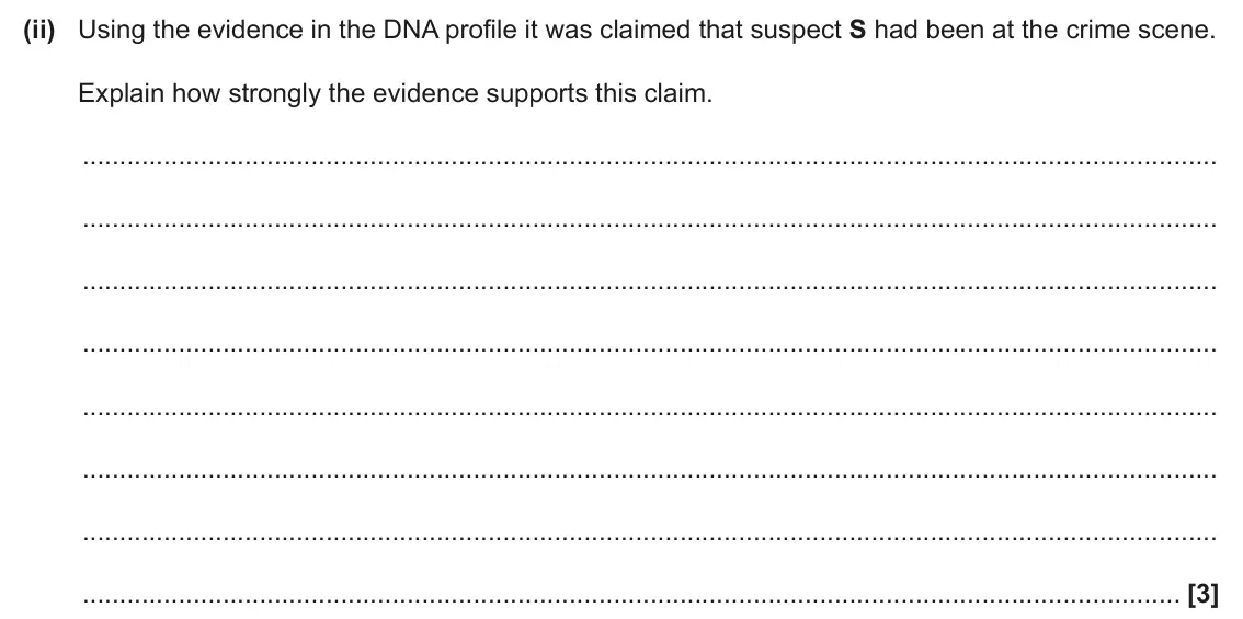 June 2024 Paper 2, question 16(c)(ii): Using the evidence in the DNA profile it was claimed that suspect S had been at the crime scene. Explain how strongly the evidence supports this claim. [3]