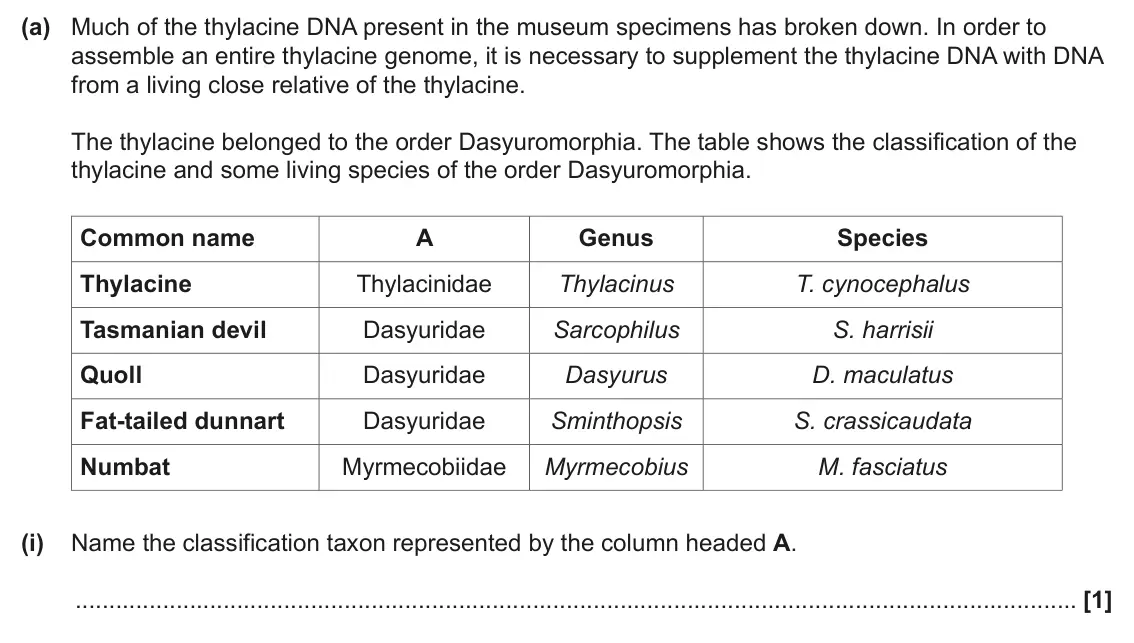 June 2024 Paper 2, question 18(a)(i): Name the classification taxon represented by the column headed A. [1]