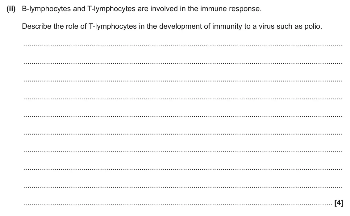 June 2024 Paper 2, question 19(a)(ii): B-lymphocytes and T-lymphocytes are involved in the immune response. Describe the role of T-lymphocytes in the development of immunity to a virus such as polio.