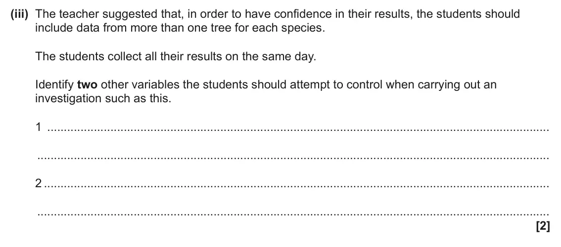 June 2024 Paper 2, question 20(a)(iii): The teacher suggested that, in order to have confidence in their results, the students should include data from more than one tree for each species. The student