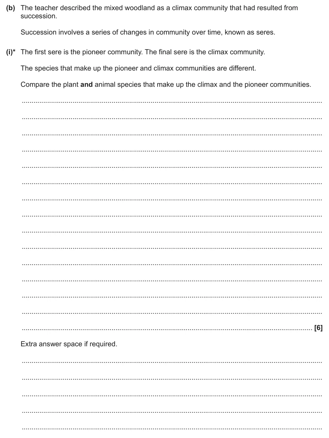 June 2024 Paper 2, question 20(b)(i): The teacher described the mixed woodland as a climax community that had resulted from succession. Succession involves a series of changes in community over time