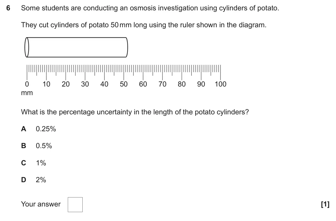 June 2025 Paper 2, question 6: Some students are conducting an osmosis investigation using cylinders of potato. They cut cylinders of potato 50 mm long using the ruler shown in the diagram. 0